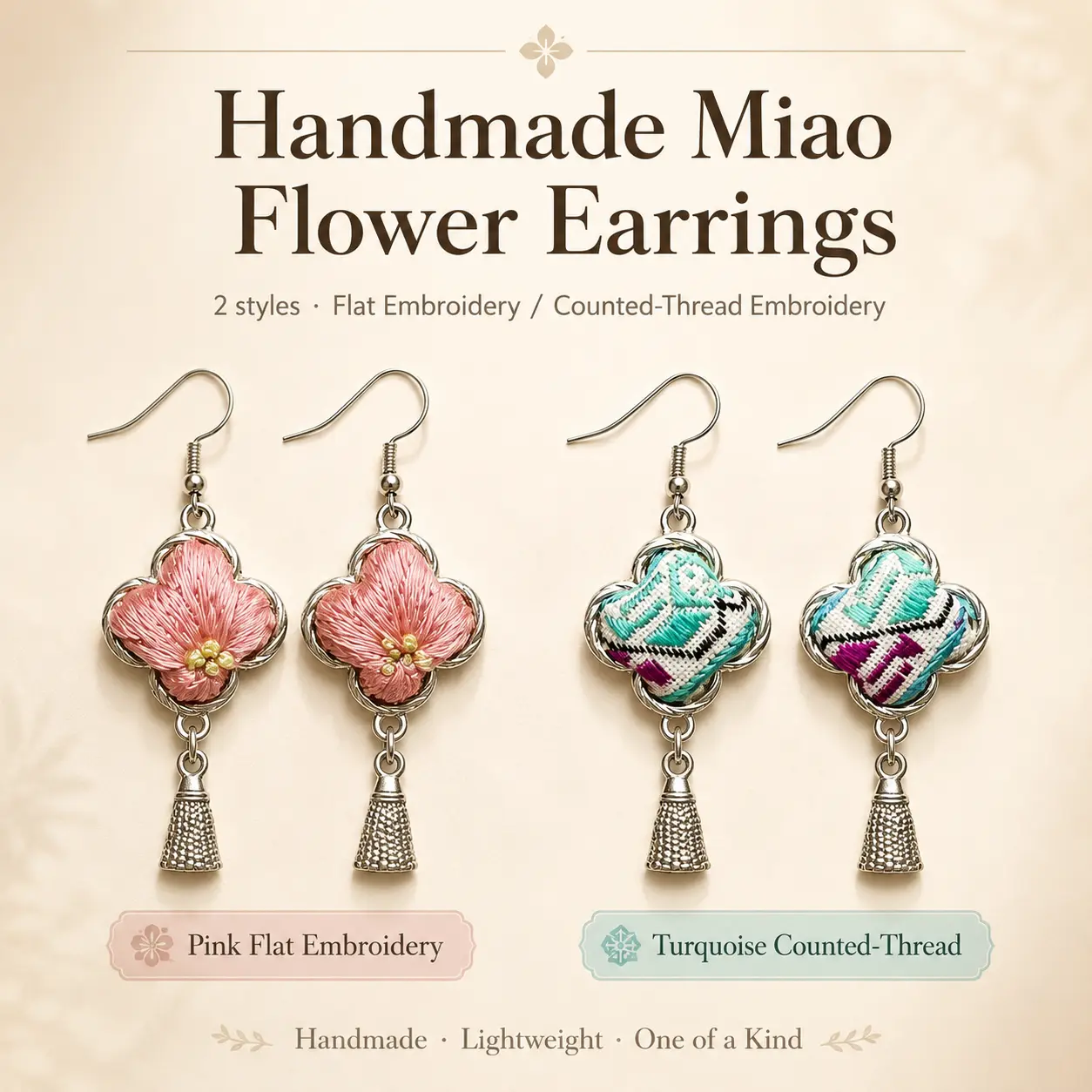 Handmade Flower Dangle Earrings, Flat and Counted-Thread Embroidery, Handmade Textile Jewelry Gift, Jewelry Gifts, Embroidery Thread, Flower Motif, One Of A Kind
