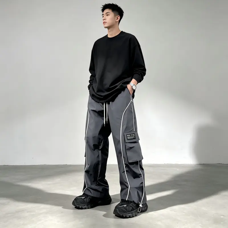 Men's Loose-Fit Cargo Pants with Cargo Pockets - Curved Stripe, Drawstring Waist, Floor-Length Summer Jogger Bottoms, Machine Washable, Note: Purchase 1 Size Up, Synthetic Weave, Wide-Leg Pants