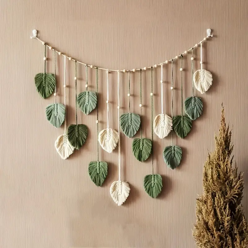 Bohemian Macrame Leaf Wall Hanging - Indoor Recreation Ornament, Rustic Home Decor, Unique Aesthetic Room Decor, House Accessories Gift for Mom, Bedroom & Kitchen Accessory