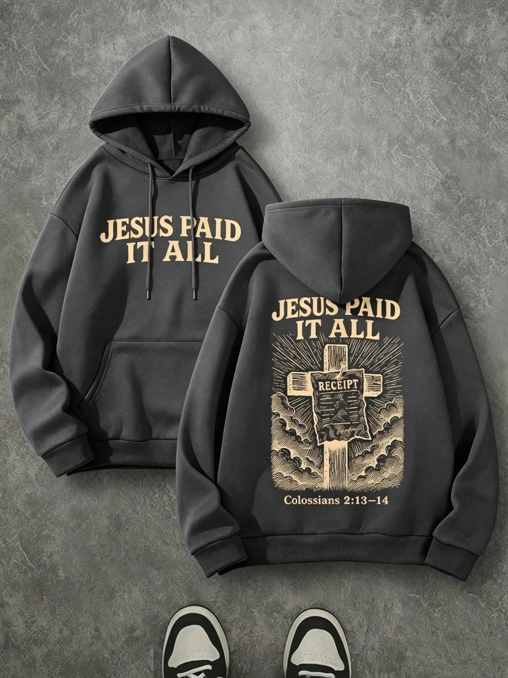 Thick 270 Gram Brushed Fleece Christian Hoodie, Jesus Paid It All Front Text & Back Vintage Cross Graphic Drawstring Sweatshirt, Oversized Faith Pullover For Fall Winter Daily Wear