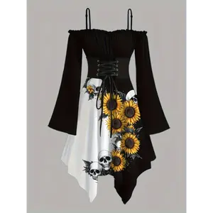 Women's Gothic Victorian-Inspired Sunflower & Skull Print Maxi Dress - Lace-Up Front with Ruffled Off-Shoulder Spaghetti Strap, Asymmetrical Hem & Bell Sleeves, Machine Washable A-Line Silhouette for Halloween, Themed Parties & Casual Attir