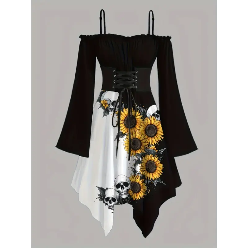 Women's Gothic Victorian-Inspired Sunflower & Skull Print Maxi Dress - Lace-Up  Front with Ruffled Off-