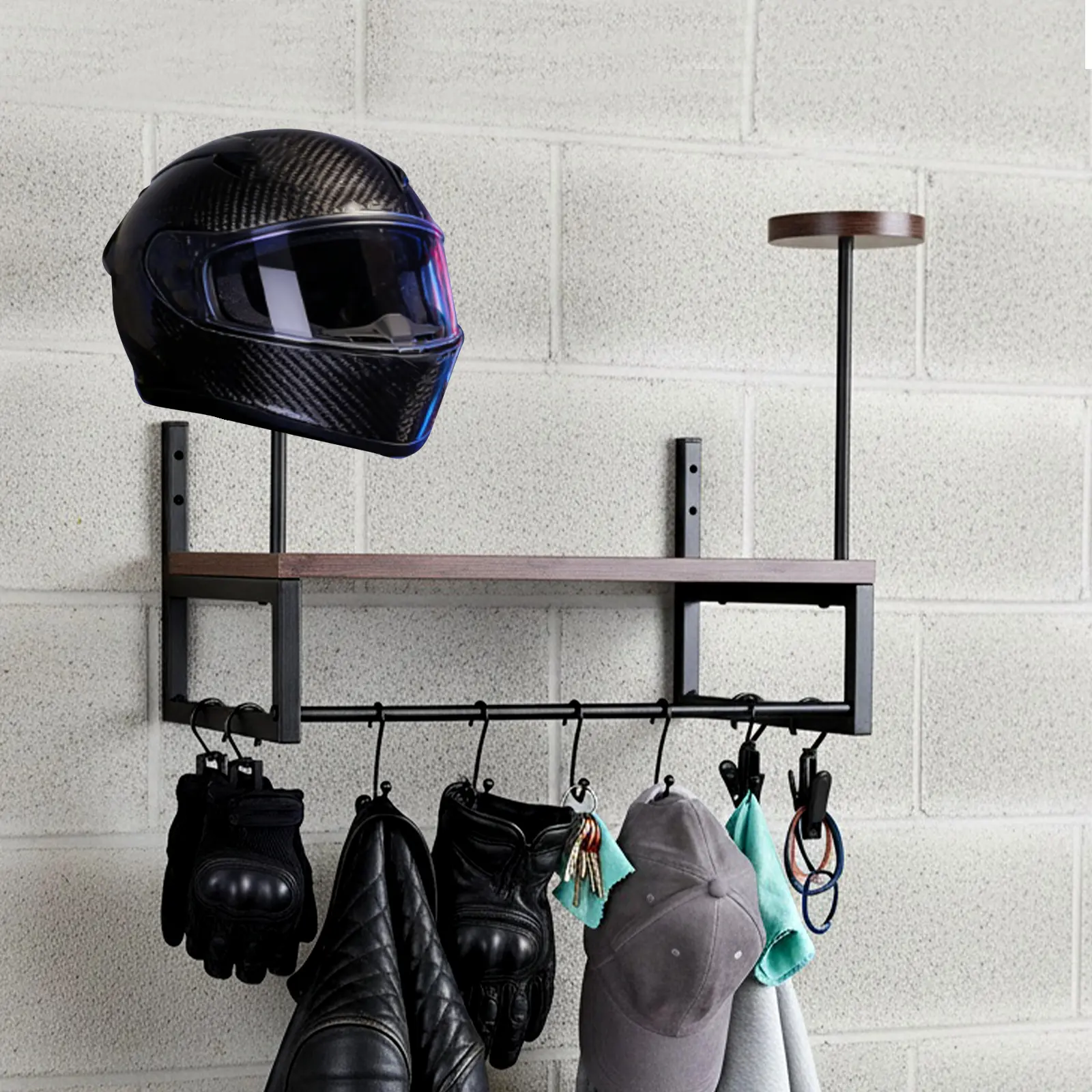 Wall-Mounted Durable Iron-Wood Retro Motorcycle Helmet Hanger with Hooks & Shelf, Biker Garage Moto Gear Storage Organizer, 16.14x10.24x8.03in Helmet Storage Wall Holder