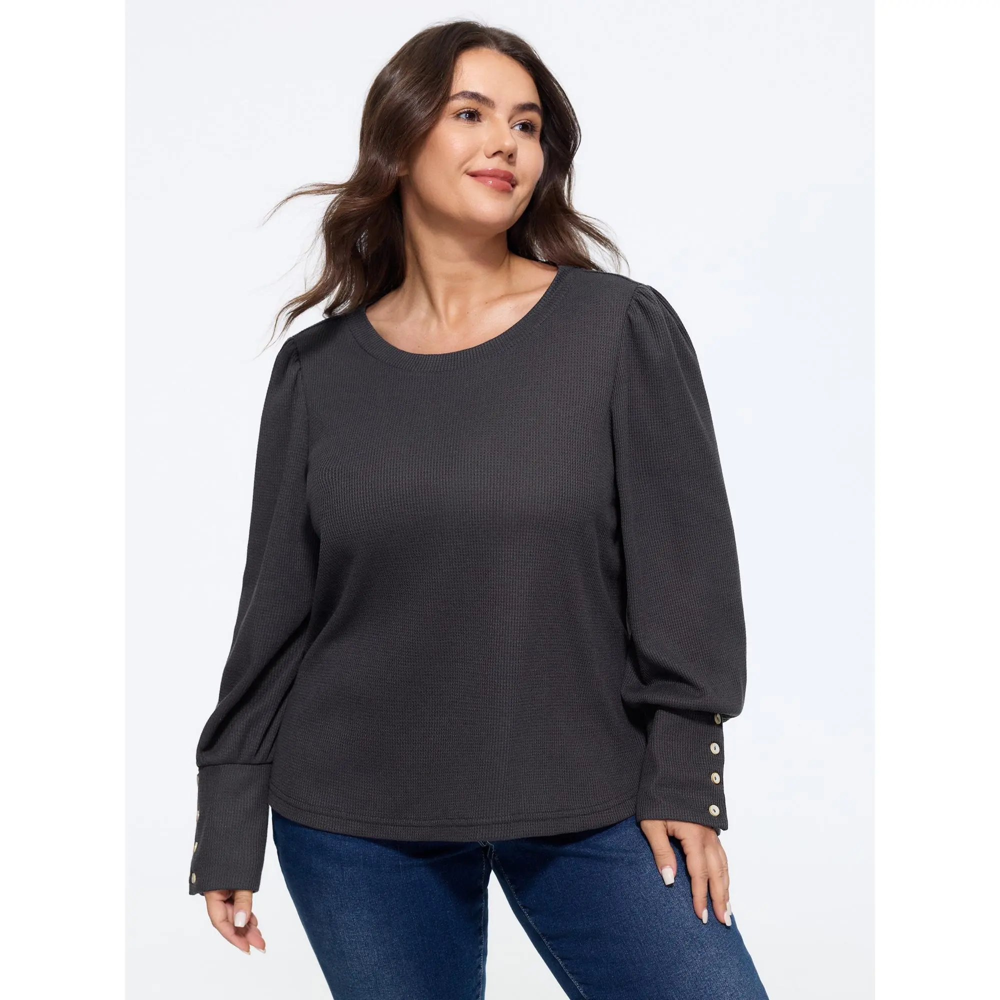BloomChic Plus Size Crew Neck Button Detail Cuff Waffle Knit T-Shirt[M-6X] Back To School,Spotlight Day