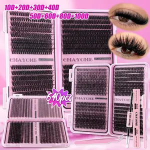 640 Pcs 10-16mm DIY Lash Extension Set, Eyelash Extensions, Fluffy False Eyelashes, Wispy & Volumized, Ultra-Soft with Faux-Fur Texture, Tapered Cat-Eye Effect, 10D-100D Mixed Density, Beginner-Friendly Lash Kit for Daily/Outdoor/Dates