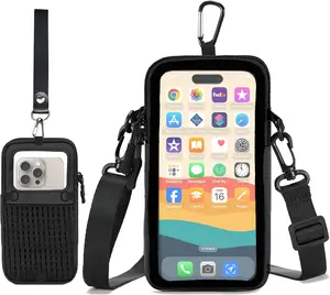 Cell Phone Sleeve Pouch Case Bag with Adjustable Crossbody Strap and Wrist Strap, Touchscreen-Friendly Clear Cell Phone Purse Bag with Carabiner for Men Women (Clear Black- A)