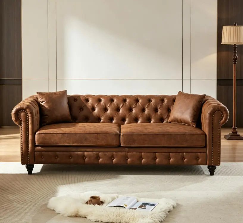 85.5" Classic Tech Fabric Chesterfield 3-Seater Sofa - Rolled Arms, Tufted Buttons, 2 Cushions, Elegant Texture, 750 lbs Capacity, 3-Person Use for Living Room, Apartment, Three People, 750 Pounds