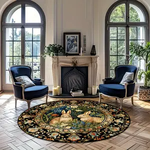 Floral Pattern with Rabbits Machine Washable Round Polyester Area Rug with Non-Slip Backing