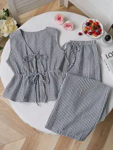 Summer Solid Color Striped Set Outfits, Casual Lace Up Versatile Vest, Loose Fit Solid Color Pants, Sweet Casual for Women