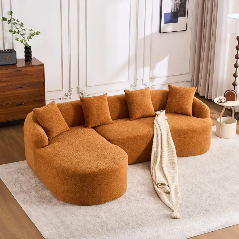LY-022 Full Compression Sponge L-Shape Sectional Sofa with Curved Chaise, Amber Orange Modular Chenille Couch, 30D High-Density for Apartment Living Room.900 lbs.