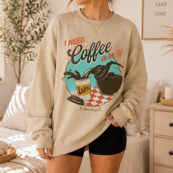 I Need Coffee In An IV Sweatshirt - Hoodie - TShirt, Luke's Coffee Sweatshirt, Gilmore Girls Sweatshirt, TV Show Inspired Sweatshirt, Full Colors - BeeMine Fits