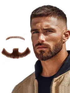 Men Human Hair Fake Beard，Mustache Full Hand Tied Goatee Facial Hair，Adults Men Makeup Invisible transparent mesh surface False Beards for Halloween Dressing Entertainment Drama Party Movie Makeup (Black or Brown)