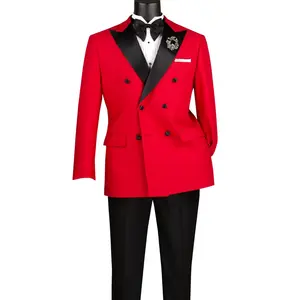 Men’s 2-Piece Double-Breasted Tuxedo with Satin Peak Lapel and Flat Front Pants - Red