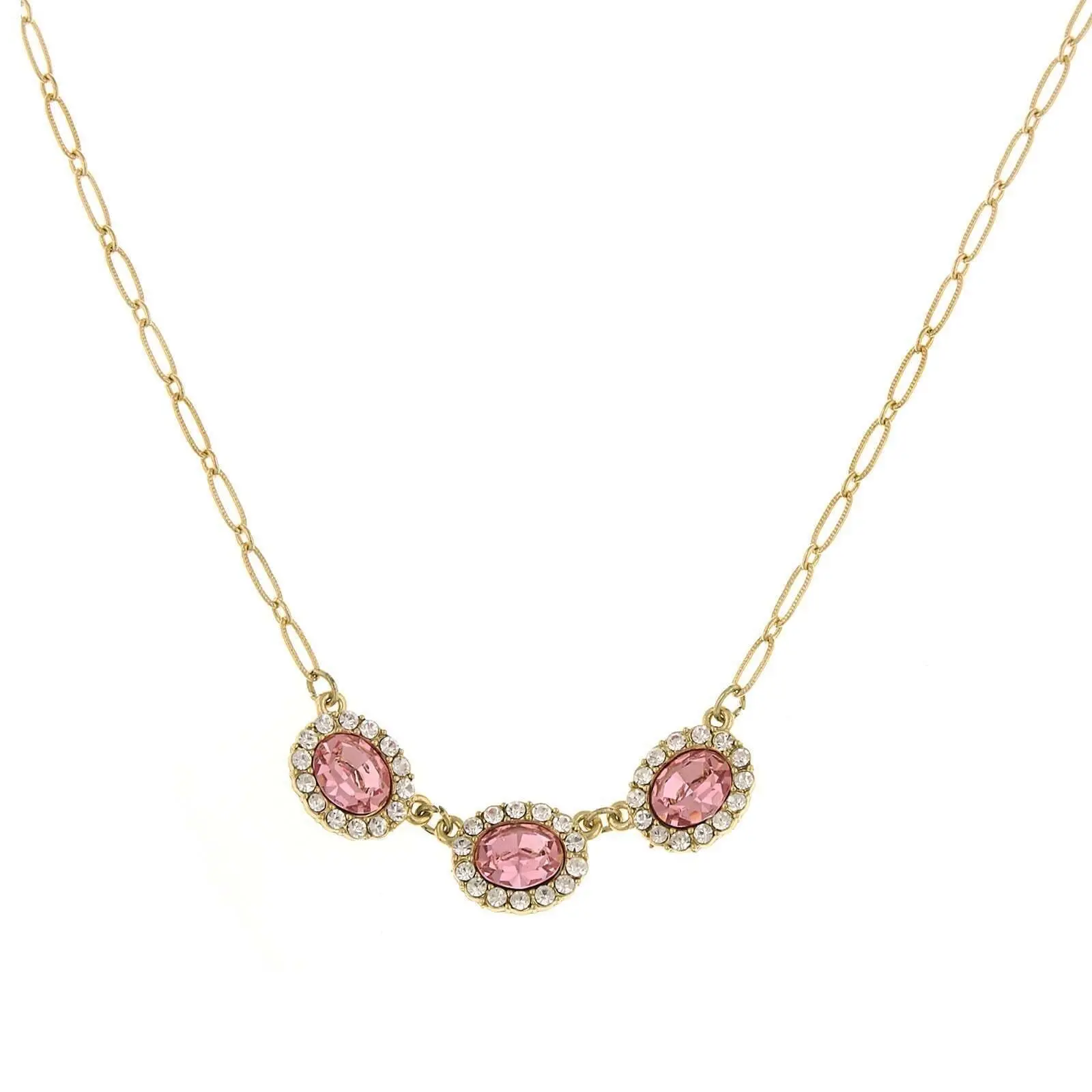 Light Rose Pink Oval Czech Crystal Necklace 16" + 3" Extender