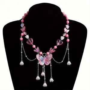 1 Piece Of Ladies' Spicy Girl Bead Necklace With 2k Heart-shaped Imitation Pearl Butterfly Choker Tassel Necklace