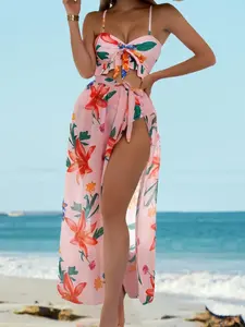 Women's Floral Print Swimsuit Set, Casual Long Sleeve Cover Up Skirt & Bikini Top & Swim Panty Set, Ladies Swimwear for Beach Holiday Vacation, Bikinis Sets, Bikini Outfits, Bikini Swimsuits, Colorblock Floral Bikini