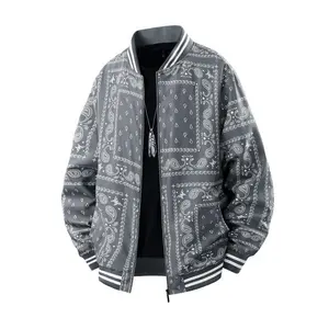Men’s fashion bomber jacket with bandana print and grey paisley pattern; zip-up sports coat in an oversized street style with a comfortable relaxed fit for casual hip-hop wear; basic menswear tops with long sleeves and a bold vibe.