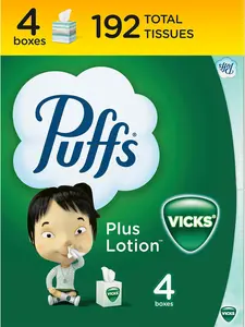 Puffs Plus Lotion with Vicks Facial Tissues, 4 Cubes, 48 Tissues per Box