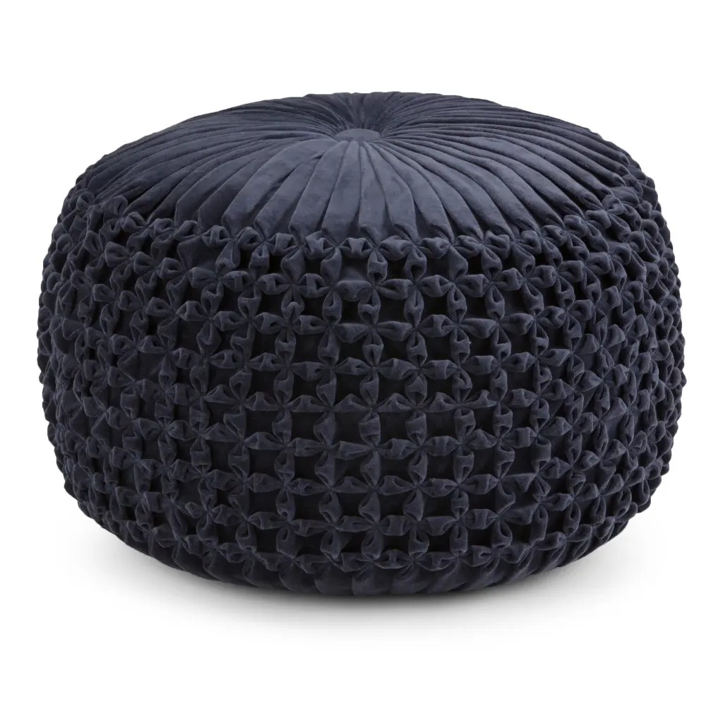 Modern 360-Degree Rotating Bohemian Blue Velvet Bead-Filled Round Pouf Ottoman Footstool, Small Size 14x20x20 in (Model 638523), Cushioned Indoor Furniture, Health Rate Certified Bohemian Decor, Foam