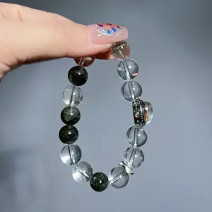 Green Unisex Healing Crystal Bracelet Stack - Green Rutilated Quartz, Natural Stone Stretch Bracelet, Spiritual Protection Chakra Gift