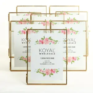 Koyal Wholesale Pressed Glass Floating Photo Frames 5 x 7 Frame, Gold 8-Pack with Stands Use Horizontal or Vertical
