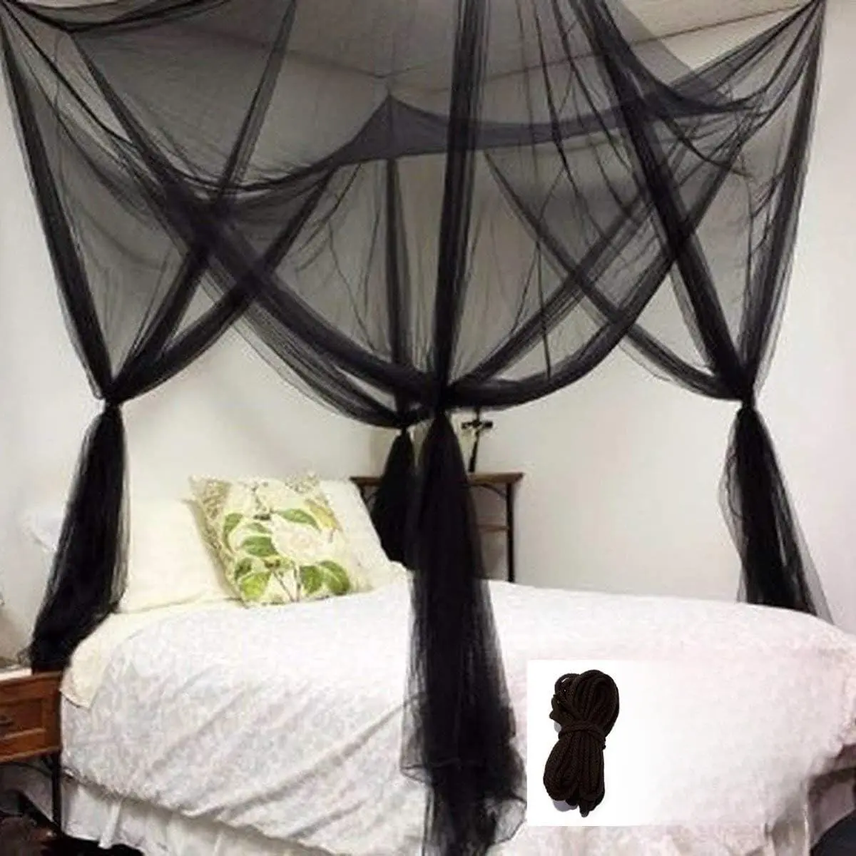 Bed Canopy, Canopy Bed Curtains Bed Drapes for Full Queen King Size Bed Mosquito Net Bed Canopy Curtains for Patio Indoor Outdoor Gothic Room Decor Screen Netting Canopy Curtains Blcak