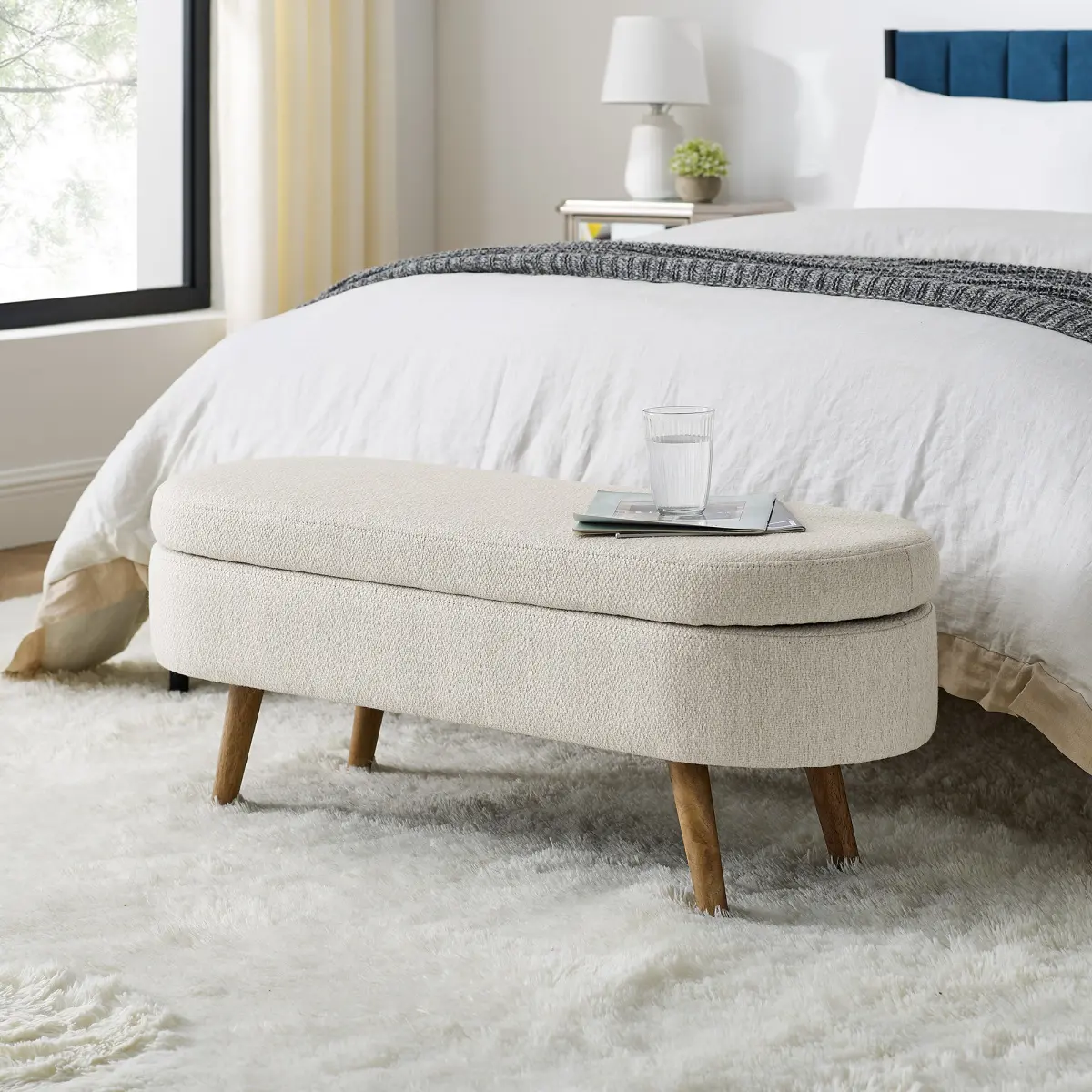 Ottoman Oval Storage Bench,Rubber Wood Legs, Beige(43.5"x16"x16") Ottoman Oval Storage Bench,Rubber Wood Legs, Beige(43.5"x16"x16")