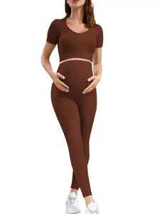 Women's Maternity 2 Piece Outfit Set - Crop Shortsleeve Top & Legging for Pregnancy - Yoga workout Lounge Wear Sets Prenatal Maternity Clothing