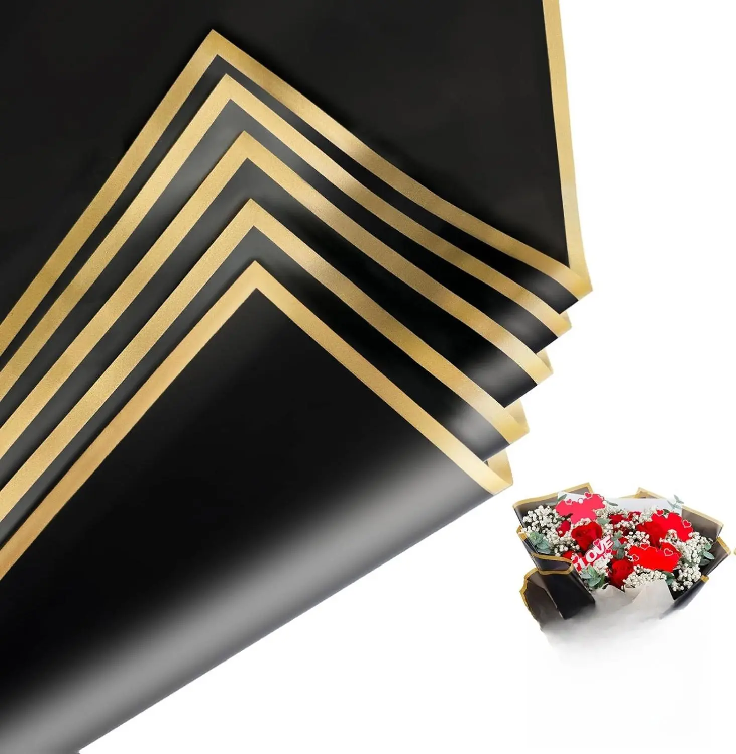 20 Sheets Floral Wrapping Paper, Waterproof Bouquet Wrapping, 22.8x22.8IN,Florist Supplies , DIY Gift Box, Wedding & Birthday Gifts, Gold Edge (Black)