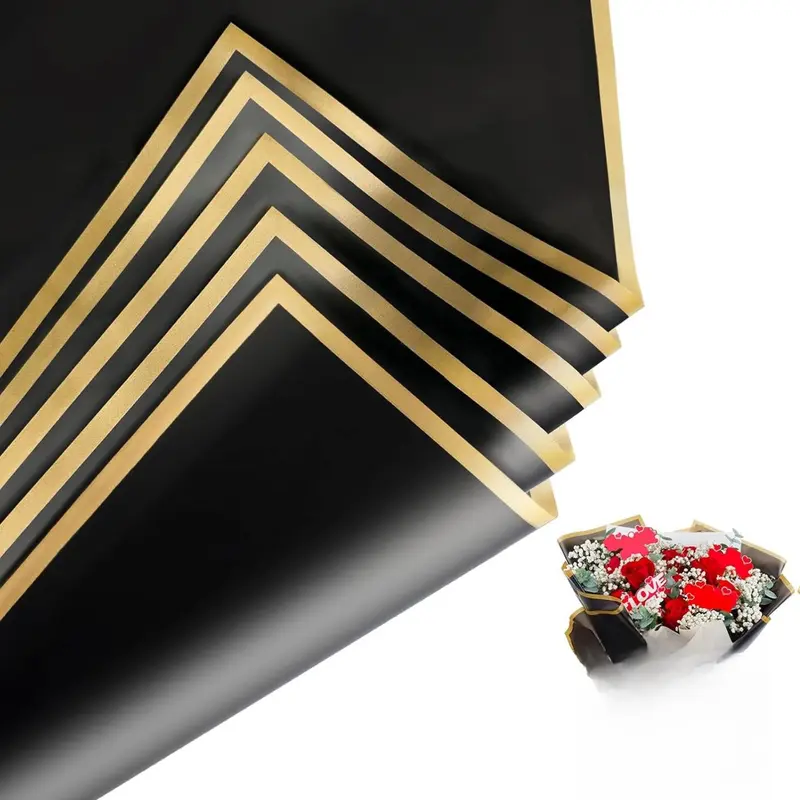 20 Sheets Floral Wrapping Paper, Waterproof Bouquet Wrapping, 22.8x22.8IN,Florist Supplies , DIY Gift Box, Wedding & Birthday Gifts, Gold Edge (Black)