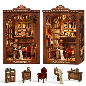 DIY Book Corner Kit Toy House Miniature Set, 3D Wooden Puzzle Building Model, Desktop Decoration Gift for Adults & Teens, Miniature Furniture