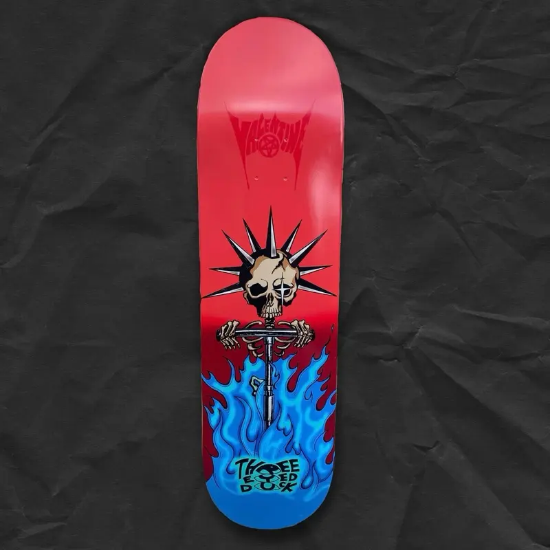 VALENTINE Skate Deck - Red and Blue - 8.25 - 7 ply maple deck - skull with spikes hand drawn art skateboard