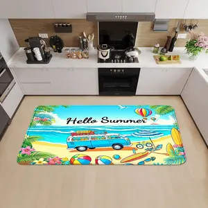 1pc Hello Summer Kitchen Rug, Oil Painting Style, 100% Polyester, Non-Slip, Multi-Scene Use, Handmade, Ideal for Living Room and Study