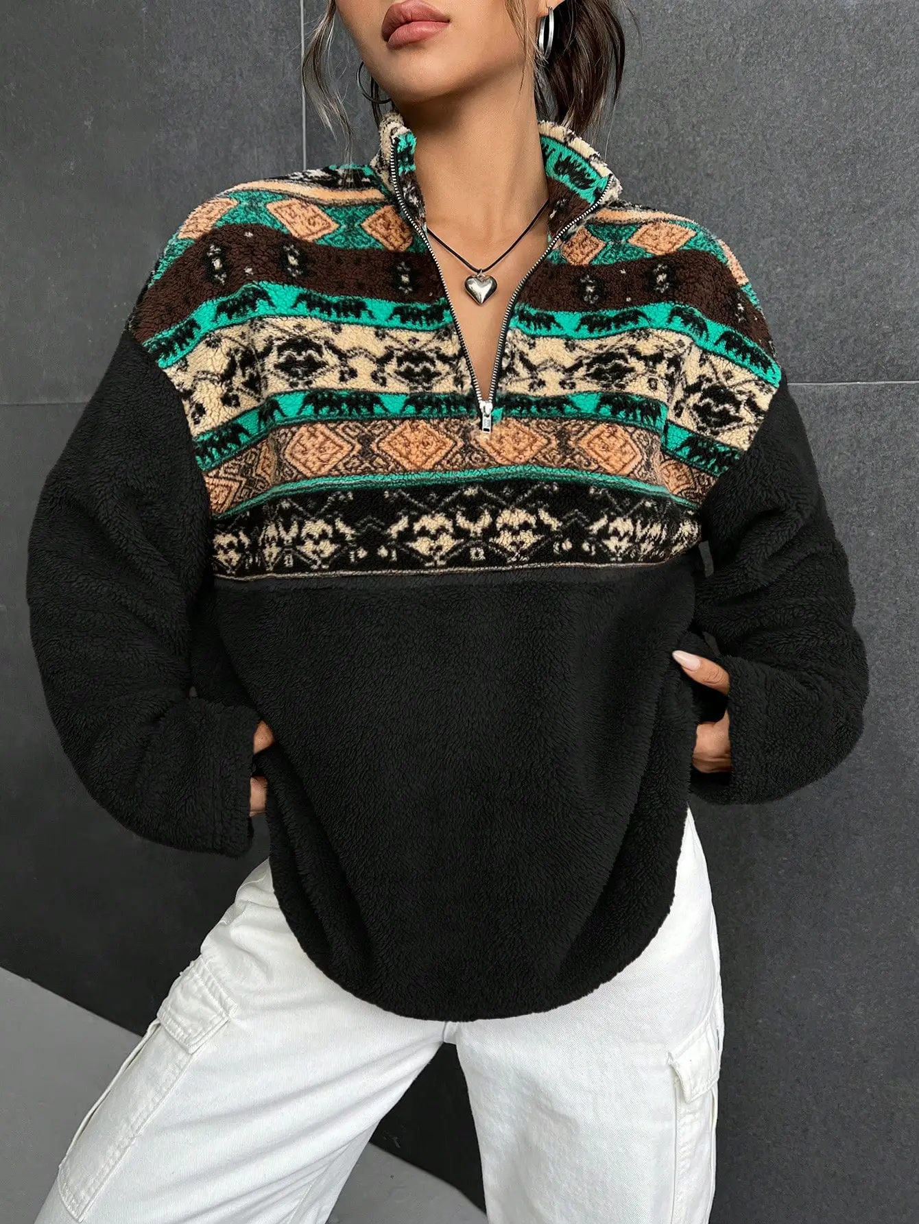 Women's Vintage Geometric Animal Print Fleece Sweatshirt Drop Shoulder Half-Zip Pullover Cozy Warm Long Sleeve Top for Fall Winter Soft Plush Casual Streetwear Outfit Trendy Boho Retro Style