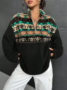 Women's Vintage Geometric Animal Print Fleece Sweatshirt Drop Shoulder Half-Zip Pullover Cozy Warm Long Sleeve Top for Fall Winter Soft Plush Casual Streetwear Outfit Trendy Boho Retro Style