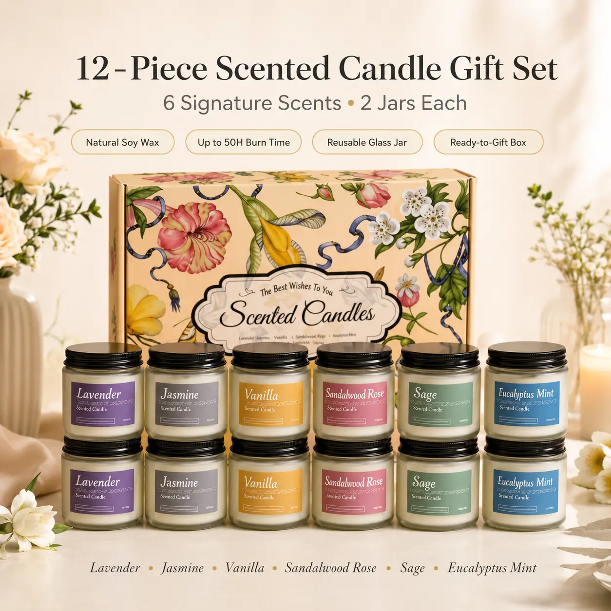 12 Pack Scented Candles Gift Set, 6 Fragrances Natural Soy Wax Candles with Reusable Glass Jars, Floral Gift Box for Women, Wedding Favors, Birthday, Housewarming