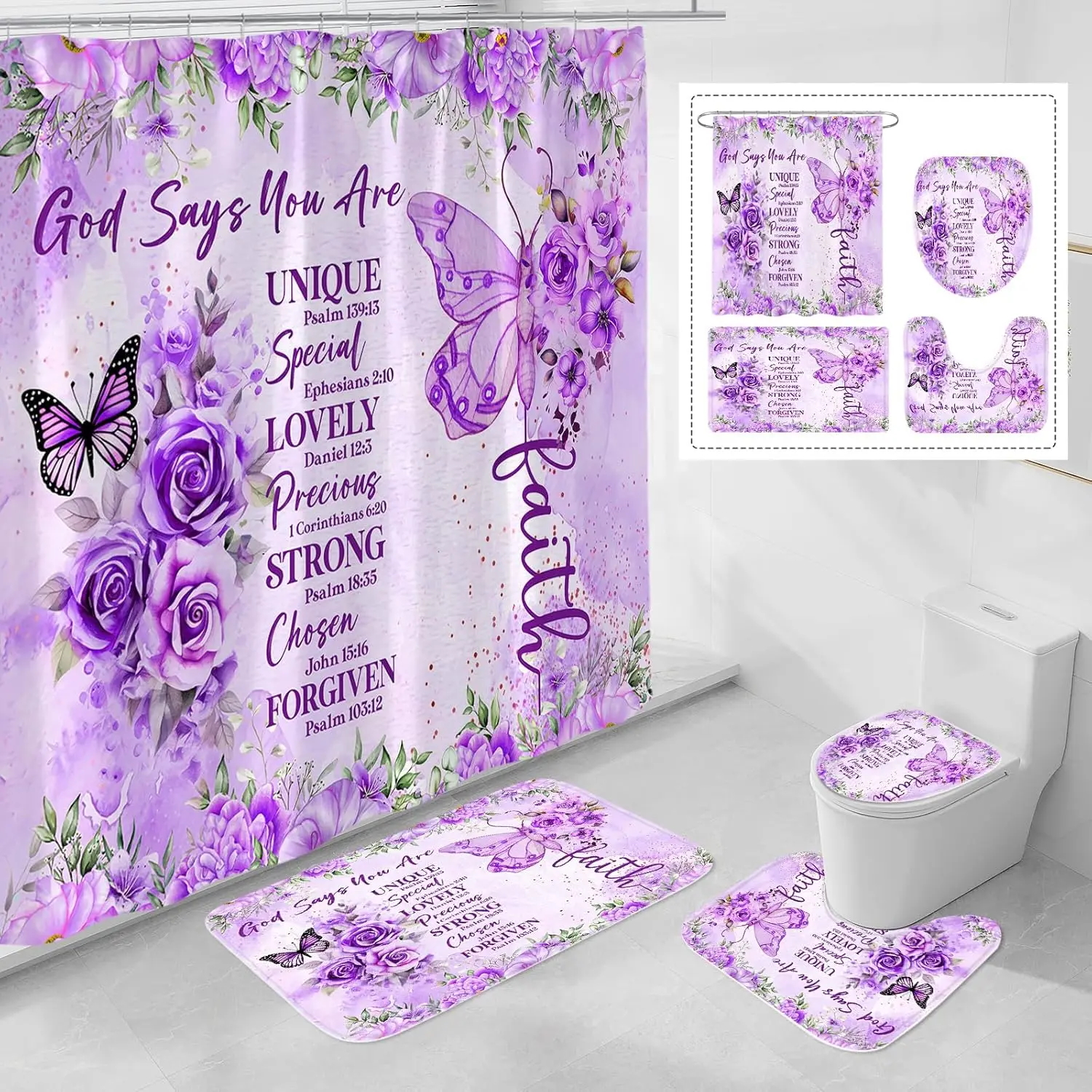 4 Pcs Purple Butterfly Inspirational Quotes Shower Curtain Set with Rugs and Toilet Lid Cover, Colorful Boho Waterproof Fabric Bathroom Set, Bible Verse Floral Bathroom Decor Set Accessories