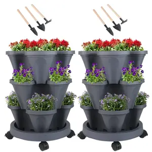 Stackable Planter with Wheels and Tools, Indoor Outdoor Pots - 3 Tier Vertical Garden Planter - Dark Gray,2 Set Gamexcel