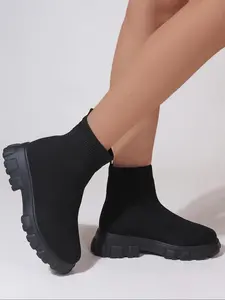 Women's Solid Color Round Toe Slip on Boots, Pull On Boots, Casual Comfortable Ankle Boots for Fall & Winter, All Match Boots for Gifts Daily Footwear, Walking Shoes
