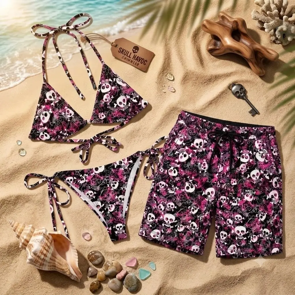 Matching Swimwear for Couples Bikini Set & Swim Shorts – Gothic Skull Mcbling Y2K Beachwear Set, Alternative Streetwear Summer Outfit, Trendy Couple Swimwear Fashion Set NT14