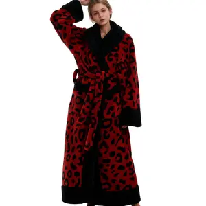 Leopard Print Bathrobe Without Hood Casual Fit Women's Loungewear Long Sleeve Nightwear for Home & Outings Bold Design Comfortable Fit Dressing Gown 280G Shu Velveteen Fabric Soft Luxurious Touch Womenswear Elegance
