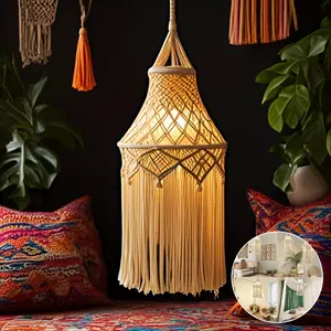 [Boho Macrame Lampshade] Boho Macrame Hanging Woven Lampshade - Rope Woven Wall Decor, Tapestry, Room Decoration Metal Ornaments Hangable Beige