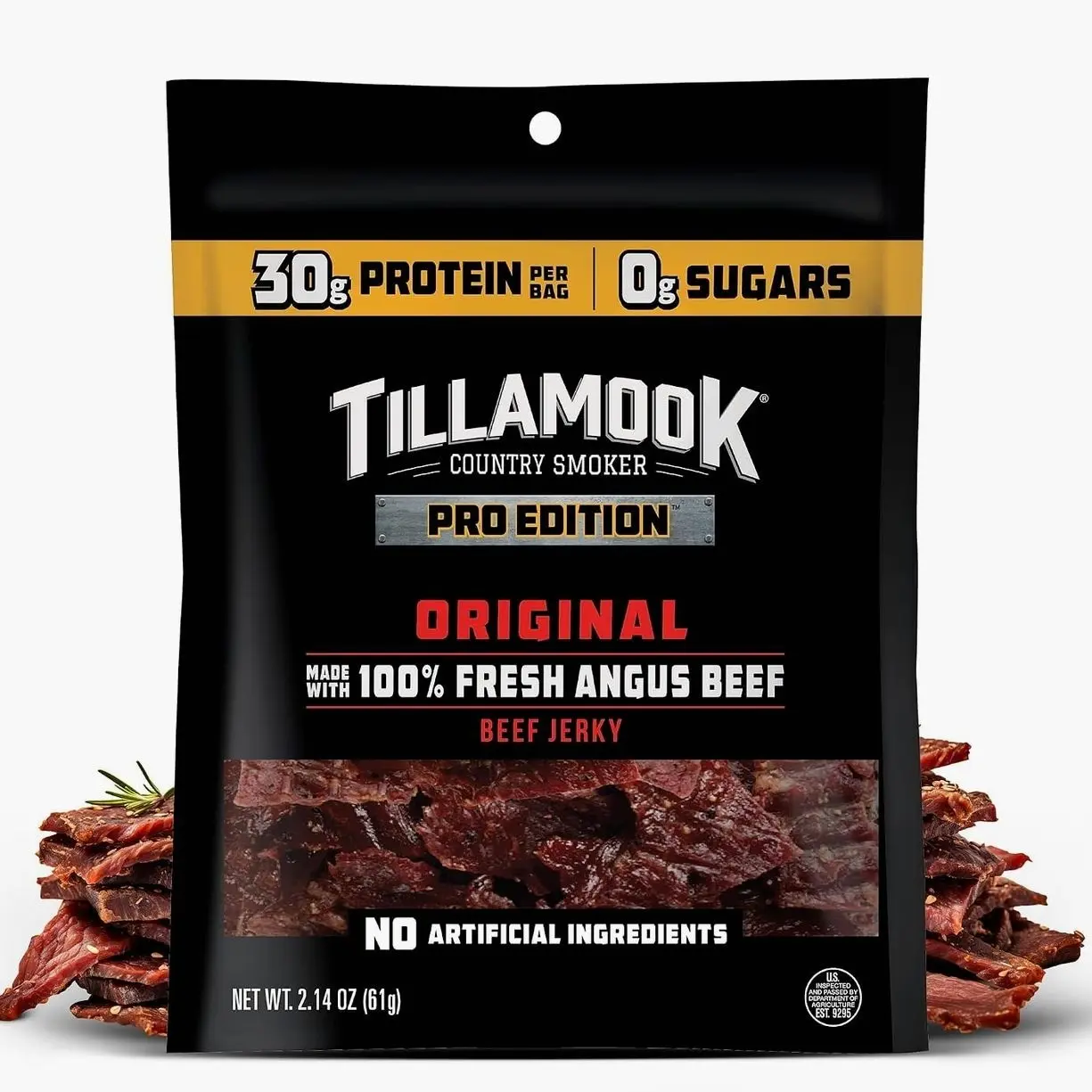 Tillamook Beef Jerky, Country Smoker PRO Edition, Zero Sugar, Original, 2.14 Oz, Real Hardwood Smoked Fresh Angus Beef, Low Carb, High Protein, Ready to Eat Keto Snack for Athletes, Gluten Free