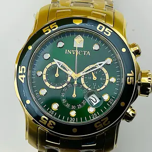 Invicta Men's 48mm PRO DIVER Scuba Classic Chronograph Green Dial 18K Gold Plated Watch with Stainless Steel Band