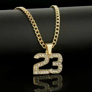 Number 23 Iced Gold Silver Plated Pendant & 4mm 18" 20" 24" Brass Cuban Chain Hip Hop Style Necklace Jewelry