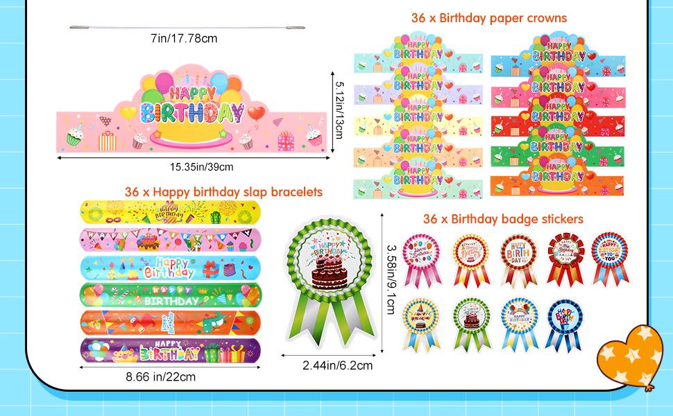 36 Sets Classroom Birthday Party Favors, Back to School Class Paper Birthday Crowns with Adjustable Elastic Band Badge Stickers Slap Bracelets, Birthday Hats Party Supplies Decor Birthday Gifts from Teacher for Kindergarten Preschool Elementary Student