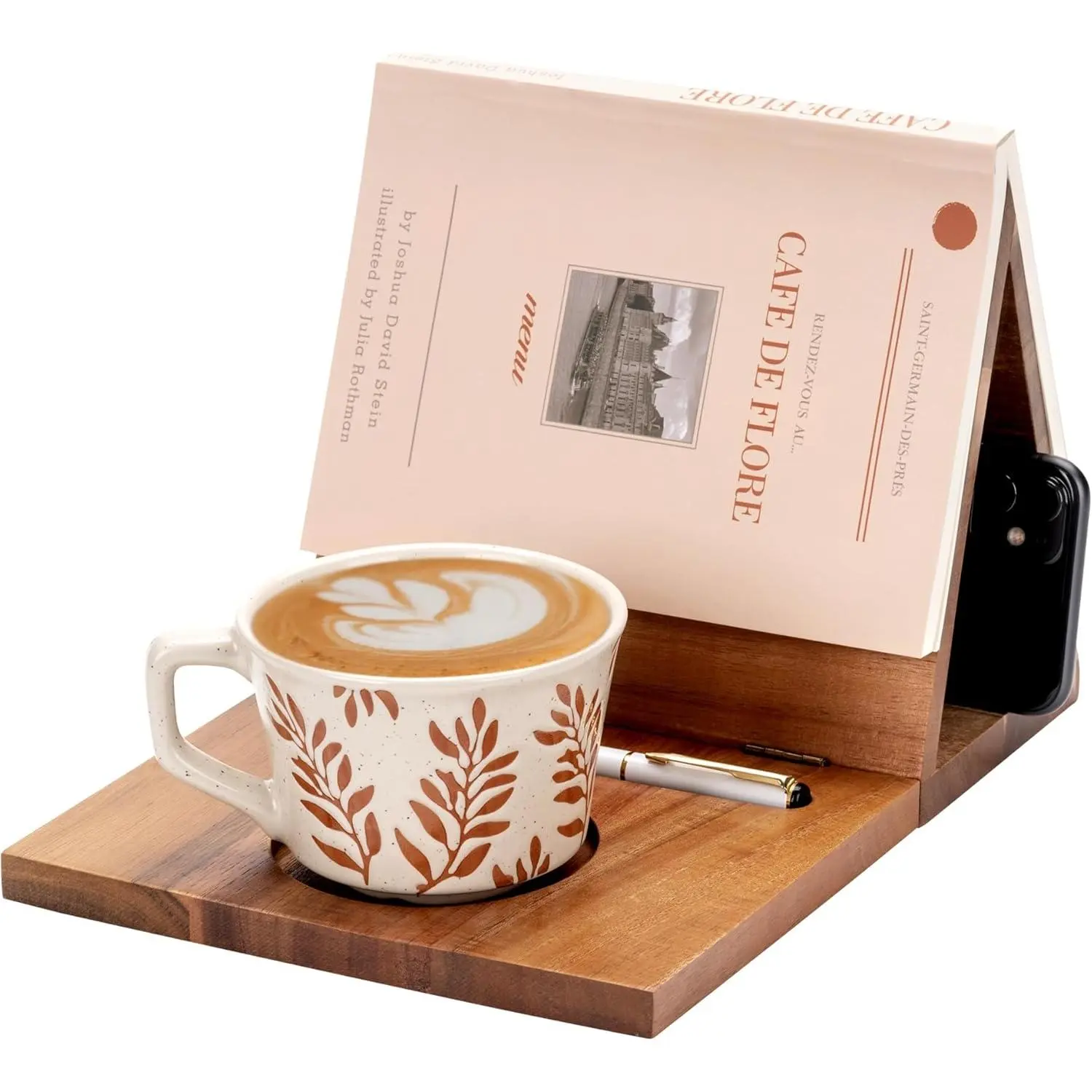 Modern Wooden Book Nook Reading Valet - Space Saving Triangle Rest Stand with Cup, Pen, Cell Phone, iPad Holders for Nightstand Desktop - Reader Gifts for Christmas, Birthday, Pen Holder, Cell Phone Holder