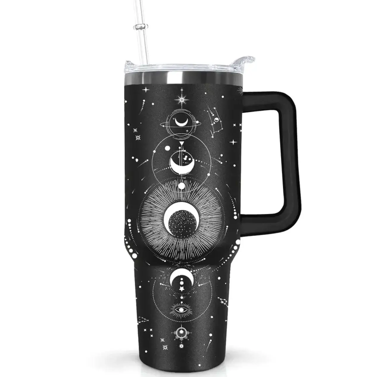 Ceovfoi 40oz Insulated Skinny Gothic Vacuum Flask Water Bottle - Portable Coffee Tumbler with Handle, Transparent Lid, Straw, Sun-Moon Witch Print, Halloween Aesthetic, Women's Birthday Gift