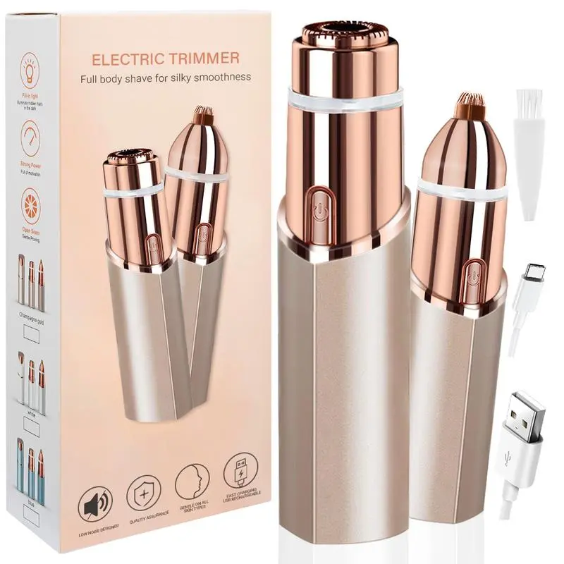 Rechargeable Waterproof Electric Shaver for Women - Double-Head Hair Removal Machine with Complete Accessories Kit Lightweight Trimmer Smooth Brush Facial Golden（shaving accessories）