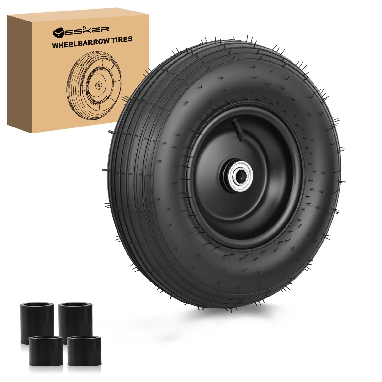 Yesker 4.00-6 Pneumatic Rubber Tread Tire & Wheel Replacement, 16" Air-Inflated Wheel with 5/8" Axle Bore Fit, Non-Slip Tread, Natural Shock Absorption, Improves Traction, Durable, 1 Pack for Wheelbarrow, Garden Carts, Smooth Rolling